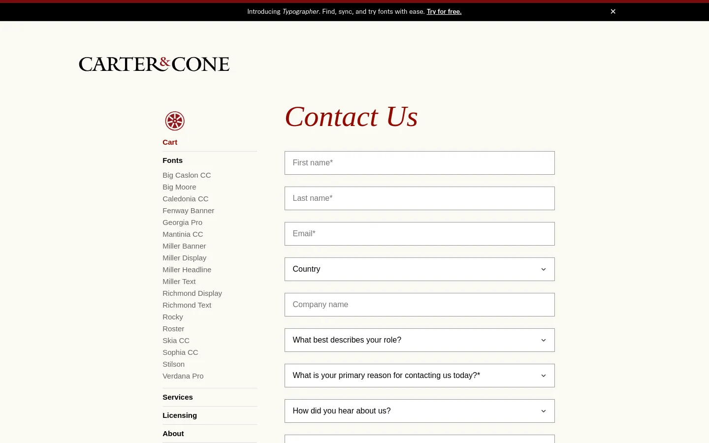 The desktop contact page features a minimalist cream background with the Carter & Cone logo at the top left. A large red serif headline reads 'Contact Us' next to a multi-field contact form including name, email, company, and dropdown menus for role and reason for contact. A vertical navigation menu is positioned on the left side of the page.