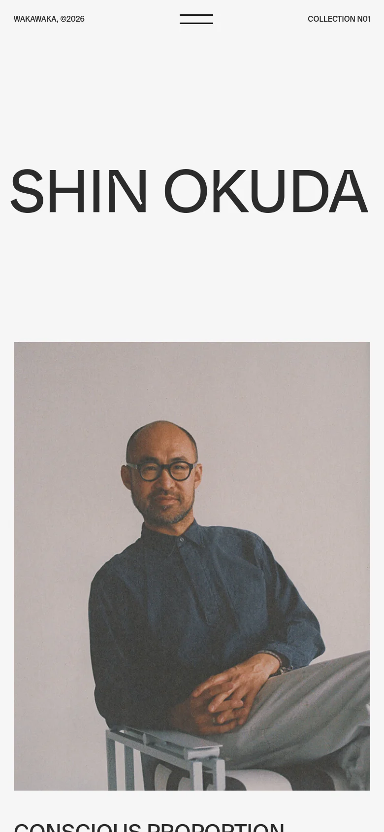 Waka Waka interview page with a stacked mobile layout. The large SHIN OKUDA headline appears above a full-width portrait of Shin Okuda, utilizing a clean, minimalist editorial design style.