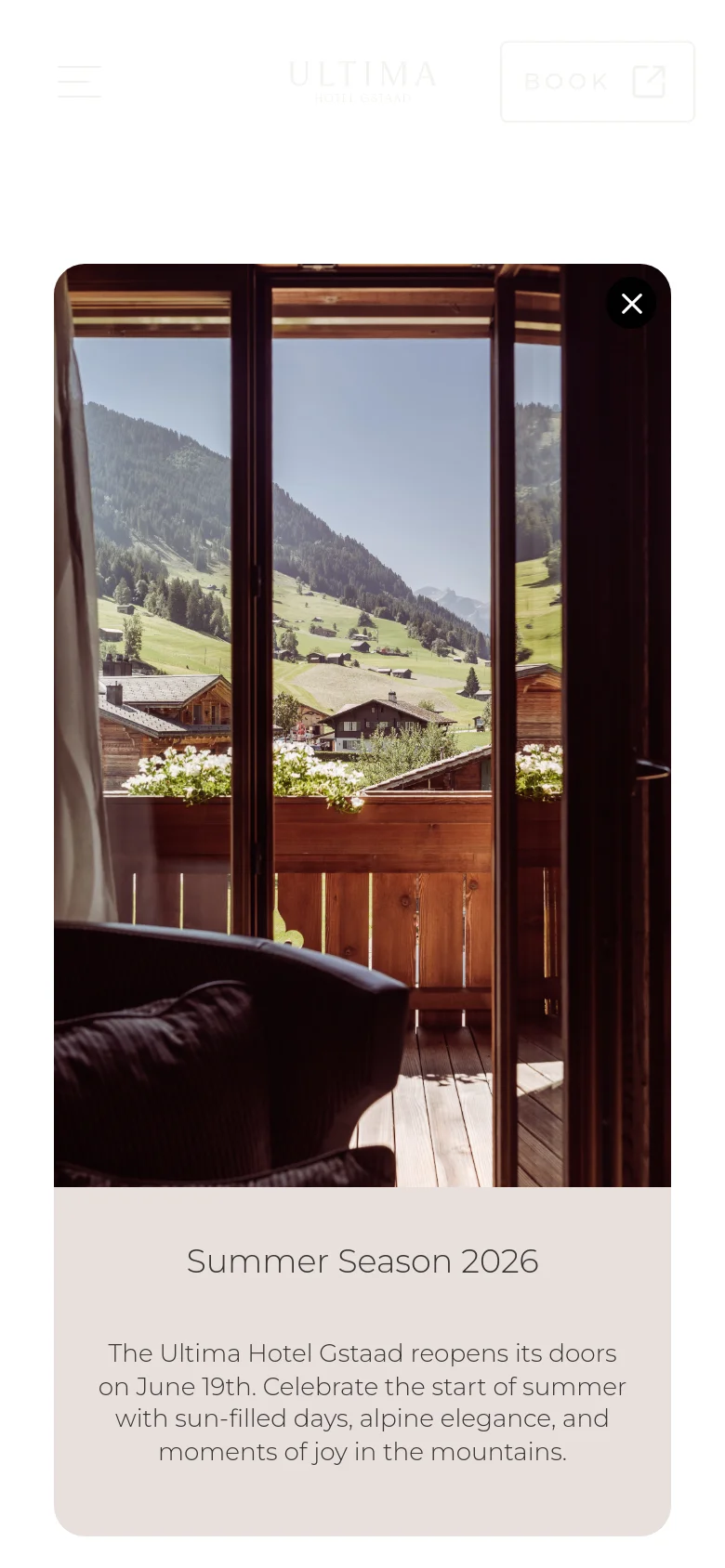 The mobile version presents a vertically stacked layout optimized for smaller screens, focusing on the large scenic window image. The navigation is condensed into a 'Menu' icon, and the booking widget and 'Book' button remain prominent for easy access. The overall aesthetic maintains the luxury brand's minimalist, light-toned design.