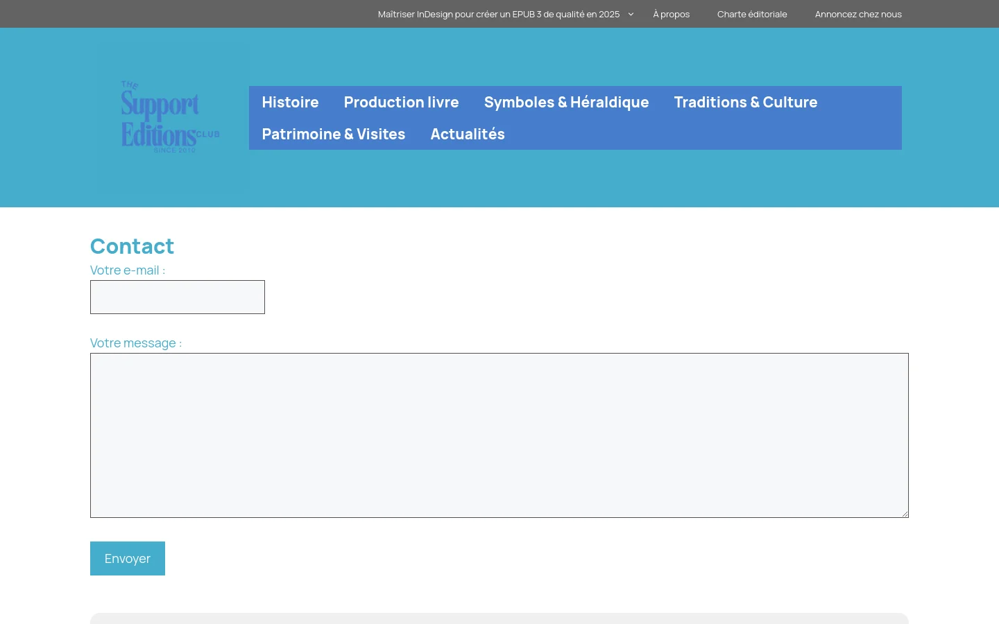 The desktop Contact page features a blue header with a navigation menu and a light blue sub-header containing category links. Below, a contact form with email and message fields is presented on a white background, followed by an author bio section with a circular portrait of Mathieu Carrel and a brief biography.