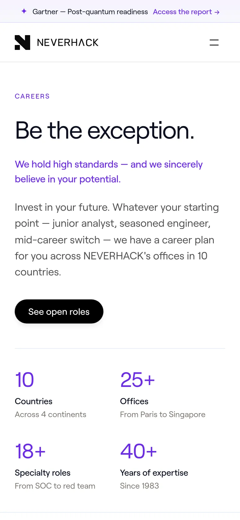 The mobile version simplifies the layout into a single vertical column, removing the circular hero image of ID cards to focus on the text. The headline, subheadline, and 'See open roles' button are stacked centrally, followed by the four key company statistics arranged in a two-by-two grid.