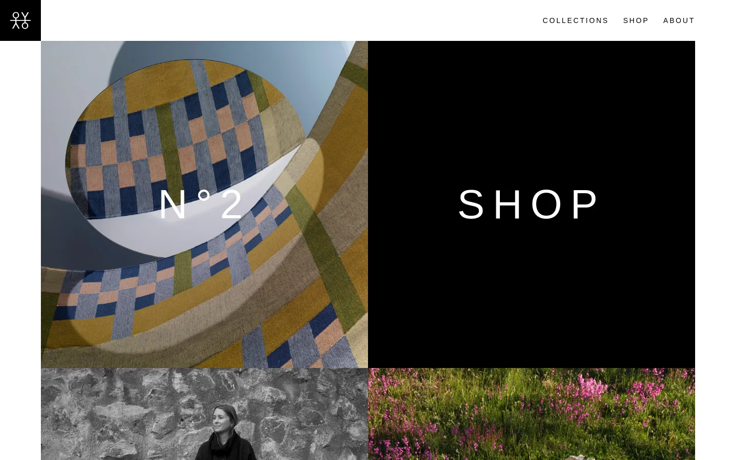 The desktop homepage features a minimalist design with a white header containing the Oyyo logo and navigation links for Collections, Shop, and About. The main content is a large grid of high-quality imagery, including a patterned rug titled 'N°2', a black section titled 'SHOP', and a black-and-white portrait titled 'ABOUT'.