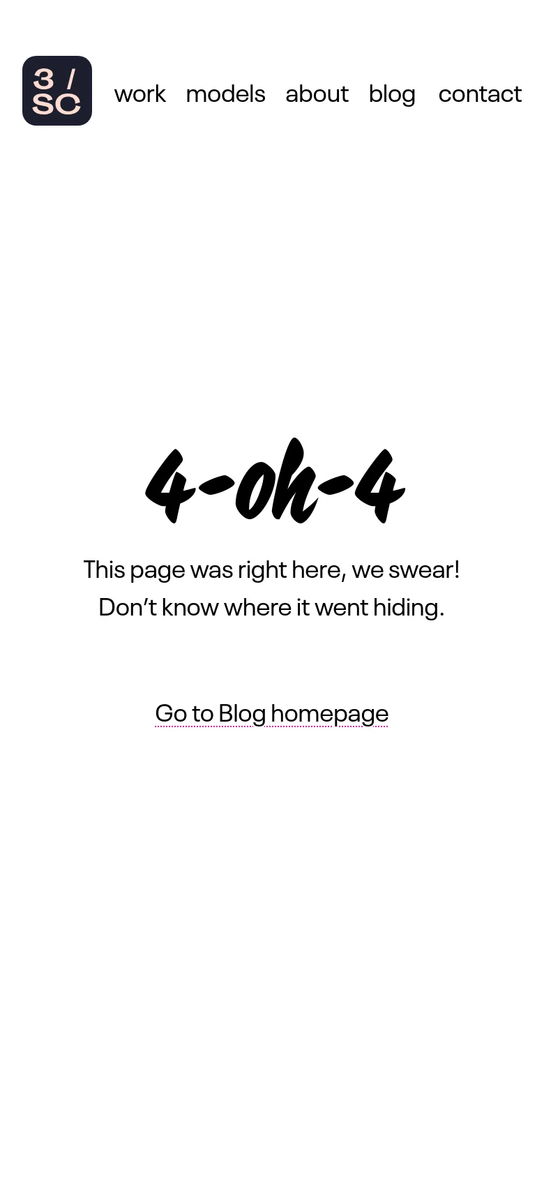 The mobile version maintains the minimalist white design with the large '4-oh-4' script headline centered. The navigation links are rearranged into a single row below the logo, and the text remains centered for a vertical layout.