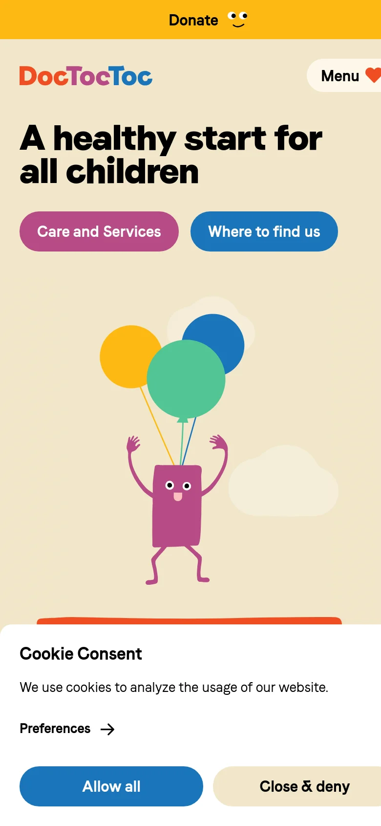 The mobile version uses a vertical layout with the headline and two large buttons stacked above a central illustration of a purple character with balloons. The header is simplified to the DocTocToc logo, a 'Menu' button with a heart icon, and a prominent yellow 'Donate' banner at the very top. A cookie consent pop-up is visible at the bottom of the screen.