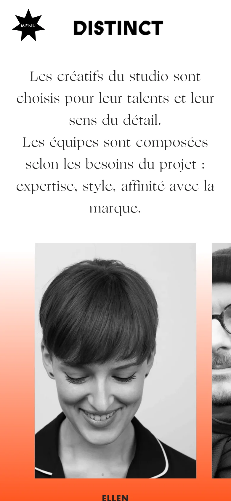 The mobile version uses a vertical layout with the studio's mission text prominently displayed at the top in a serif font. Below the text, a large black and white portrait of a woman is shown, followed by her name and role, with the orange gradient continuing at the bottom of the screen.