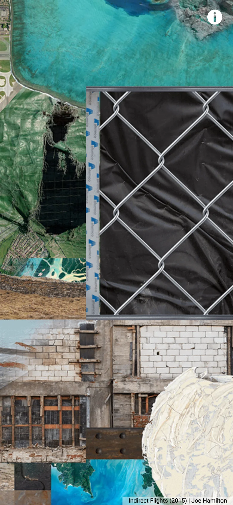 The mobile version presents the same dense, textured collage of satellite images and architectural elements, but the layout is vertically oriented to fit the narrower screen. The interface elements like the information icon and text overlays are scaled for touch interaction on a smaller display.