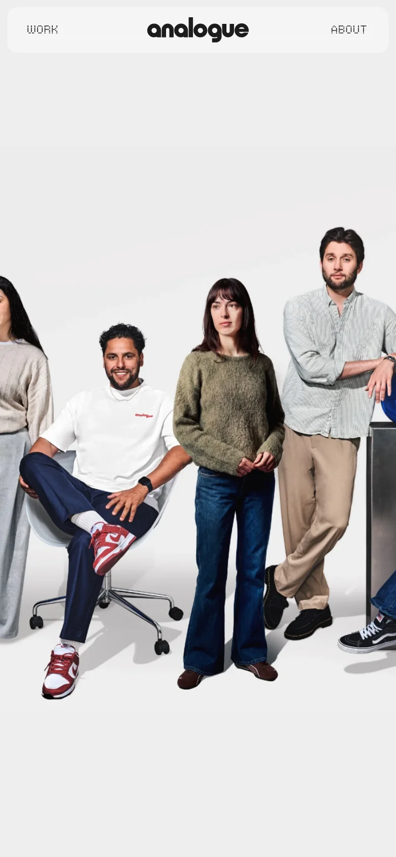Analogue Agency team page with a vertically stacked mobile layout. The hero section features a cropped, close-up view of the team portrait below a centered logo and simplified navigation menu.