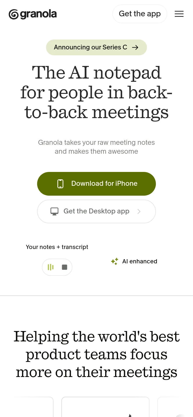 Granola mobile homepage with a stacked layout and centered typography. The hero headline is followed by prominent call-to-action buttons for Download for iPhone and Get the Desktop app, utilizing a simplified single-column flow for easy scrolling.
