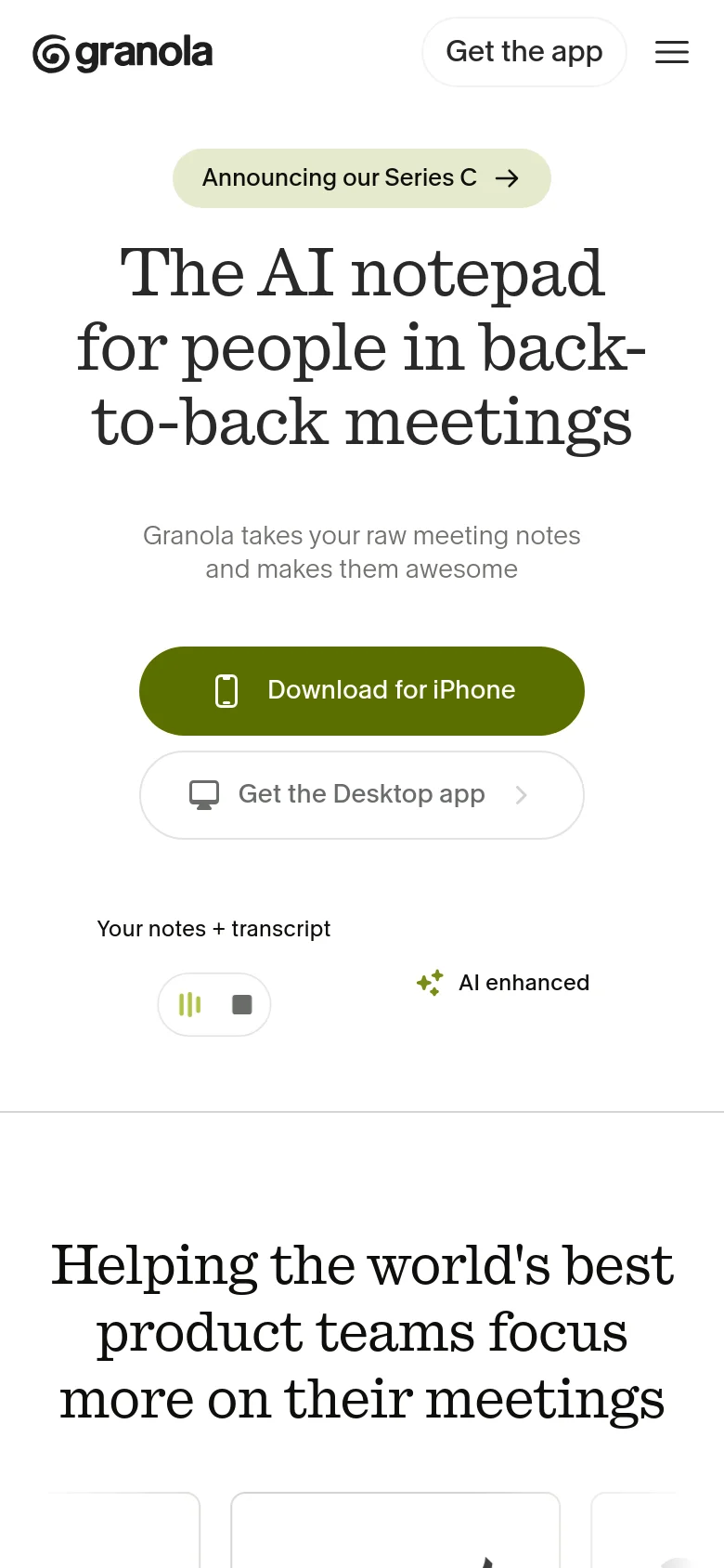 Granola mobile homepage with a stacked layout and centered typography. The hero headline is followed by prominent call-to-action buttons for Download for iPhone and Get the Desktop app, utilizing a simplified single-column flow for easy scrolling.