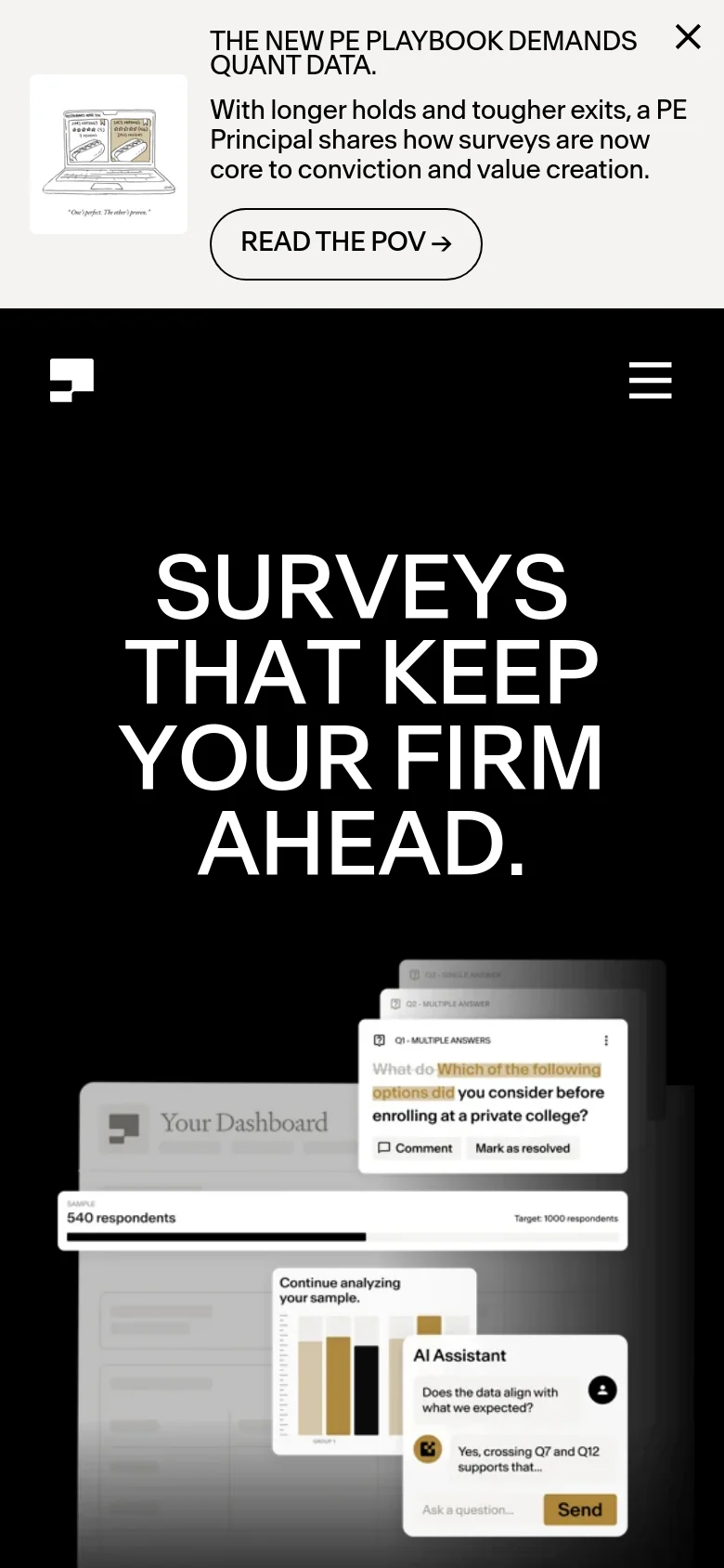 The mobile version uses a vertical layout with the same dark background and bold white headline, though the text is stacked. The navigation menu is condensed into a hamburger icon at the top right, and the dashboard graphic is positioned below the primary text and buttons to fit the narrower screen.