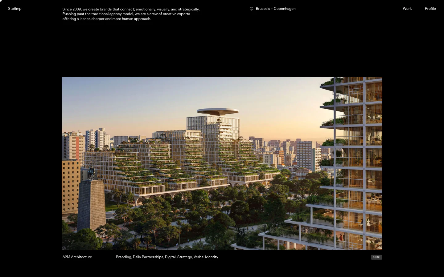 The desktop homepage features a minimalist black background with white text. A large hero image shows a modern architectural complex with lush greenery, followed by project titles like 'A2M Architecture' and 'Volca' with associated service tags. Navigation links for 'Work' and 'Profile' are located in the top right corner.