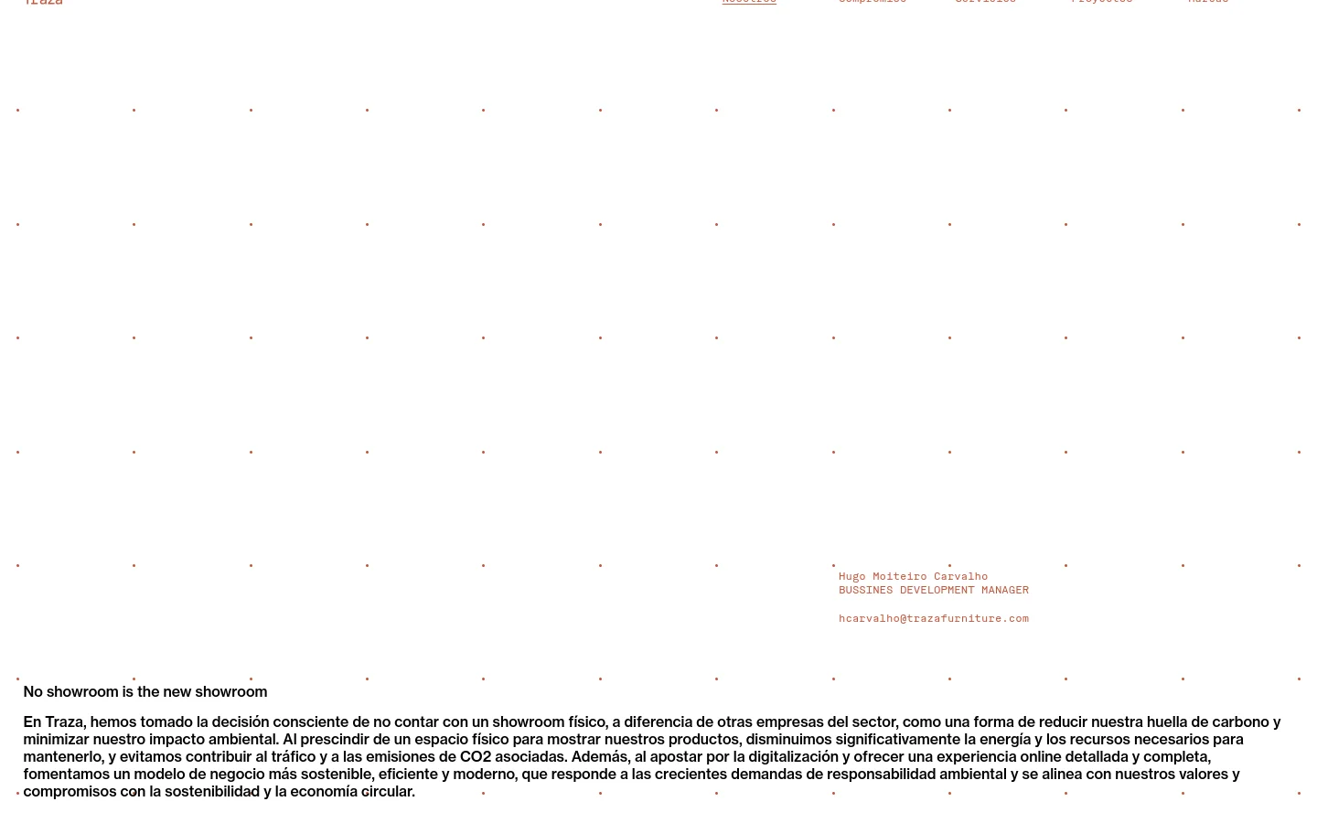 The desktop page features a clean, minimalist layout with a white background and dark text. It displays a mission statement about sustainable furniture, followed by a list of team members with their names, roles, and email addresses, and a section explaining their digital-only showroom model. A vertical portrait image of a person is positioned near the top left.