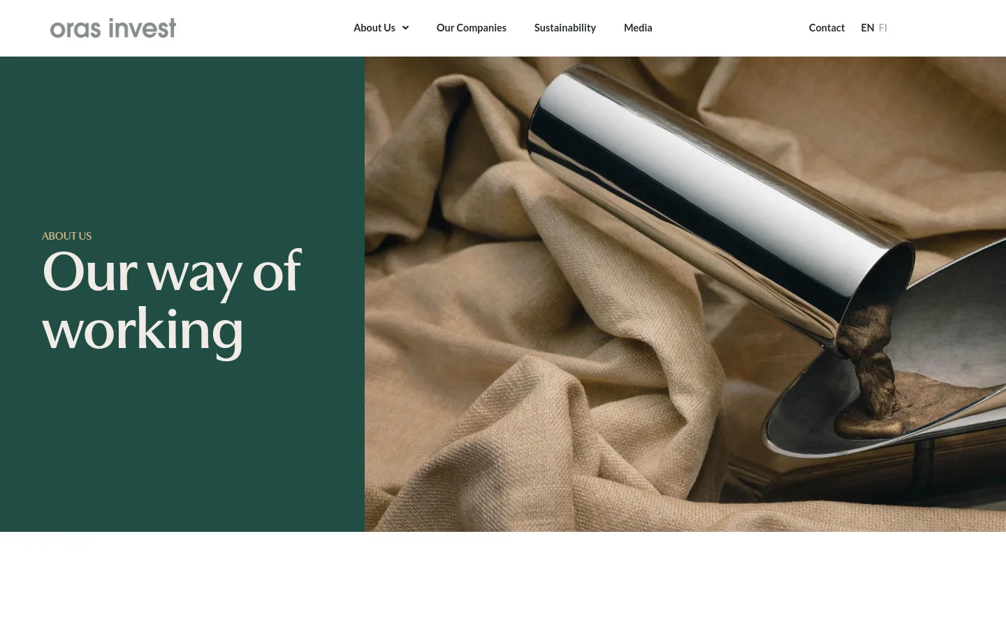 The desktop page features a clean white header with the Oras Invest logo and a navigation menu including About Us, Our Companies, Sustainability, and Media. The hero section is split vertically, with a dark green block on the left containing the headline 'Our way of working' and a large photographic image on the right showing molten metal being poured from a silver crucible onto tan fabric.