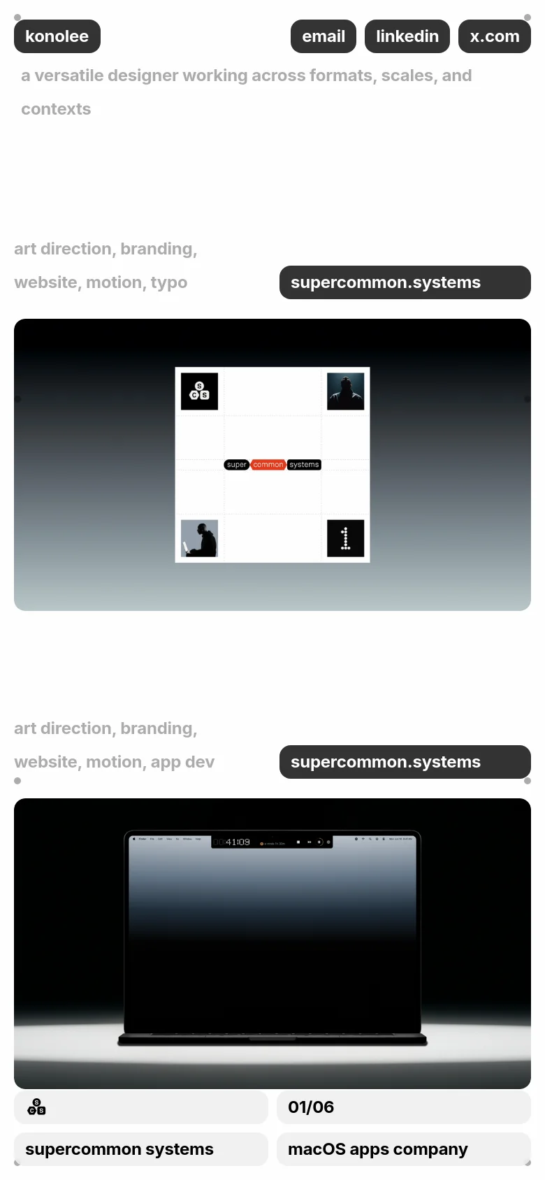 The mobile version maintains the minimalist aesthetic but uses a single-column vertical stack for project cards. The hero text and project titles are scaled for smaller screens, and the navigation links are condensed at the bottom of the scrollable interface.