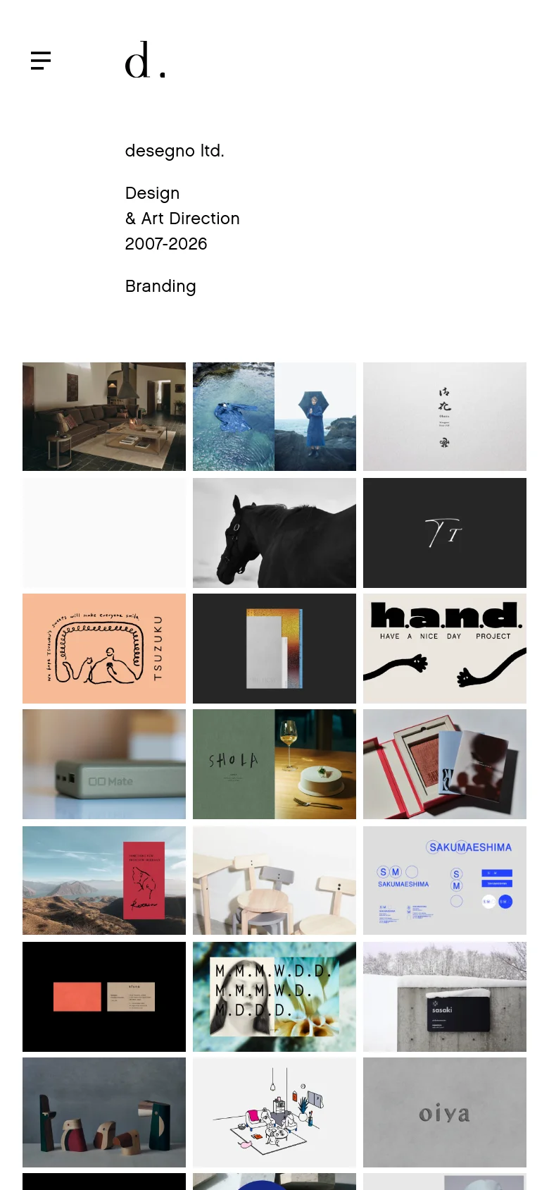The mobile version simplifies the layout by moving the sidebar navigation to a top hamburger menu icon. The project grid adjusts to a single or double column format, stacking the large imagery vertically to fit the narrow screen while maintaining the minimalist white background.