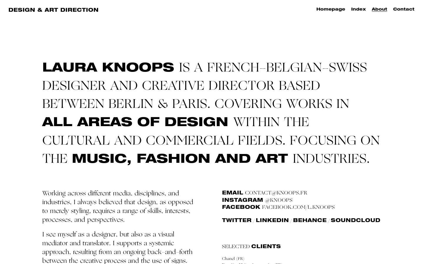 The desktop version features a minimalist design with a white background and black typography. A large, bold headline introduces Laura Knoops, followed by several paragraphs of biographical text arranged in a two-column layout. Navigation links for Homepage, Index, About, and Contact are positioned at the top right, while contact information and social media links are located at the bottom right.