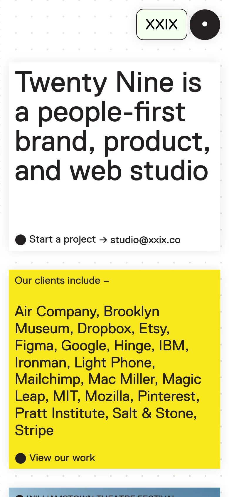 The mobile version maintains the minimalist aesthetic and bold typography but uses a single-column vertical layout. The hero text and client list are stacked vertically, and project tiles are scaled to fit the narrower screen width for easy scrolling.