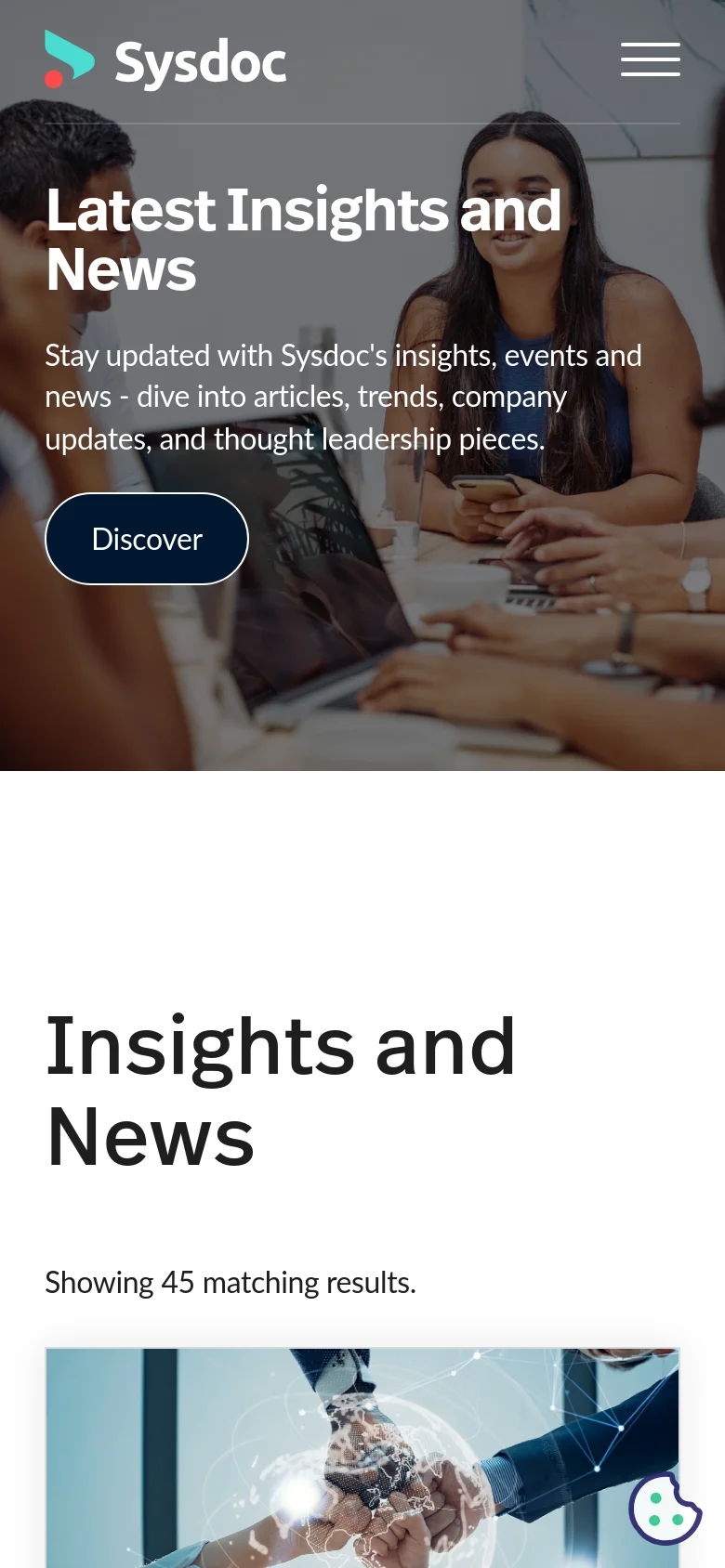 The mobile version presents a condensed layout with a vertical stack, starting with the Sysdoc logo and a hamburger menu icon at the top. The hero section features the same office imagery and 'Latest Insights and News' headline, but the 'Discover' call to action is a large outlined button centered over the image. The main content area follows with the 'Insights and News' heading and results count on a white background.