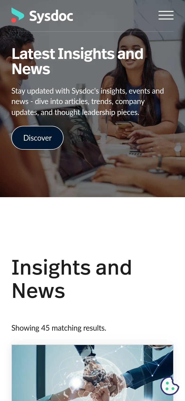 The mobile version presents a condensed layout with a vertical stack, starting with the Sysdoc logo and a hamburger menu icon at the top. The hero section features the same office imagery and 'Latest Insights and News' headline, but the 'Discover' call to action is a large outlined button centered over the image. The main content area follows with the 'Insights and News' heading and results count on a white background.