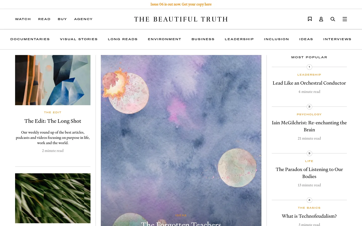 The desktop homepage for The Beautiful Truth features a minimalist design with a large, ethereal hero image of celestial bodies in soft blue and gold tones. A navigation menu at the top includes links for Documentaries, Visual Stories, and Long Reads, while a sidebar on the right lists 'Most Popular' articles. The layout uses a clean white background with elegant serif typography for headlines.