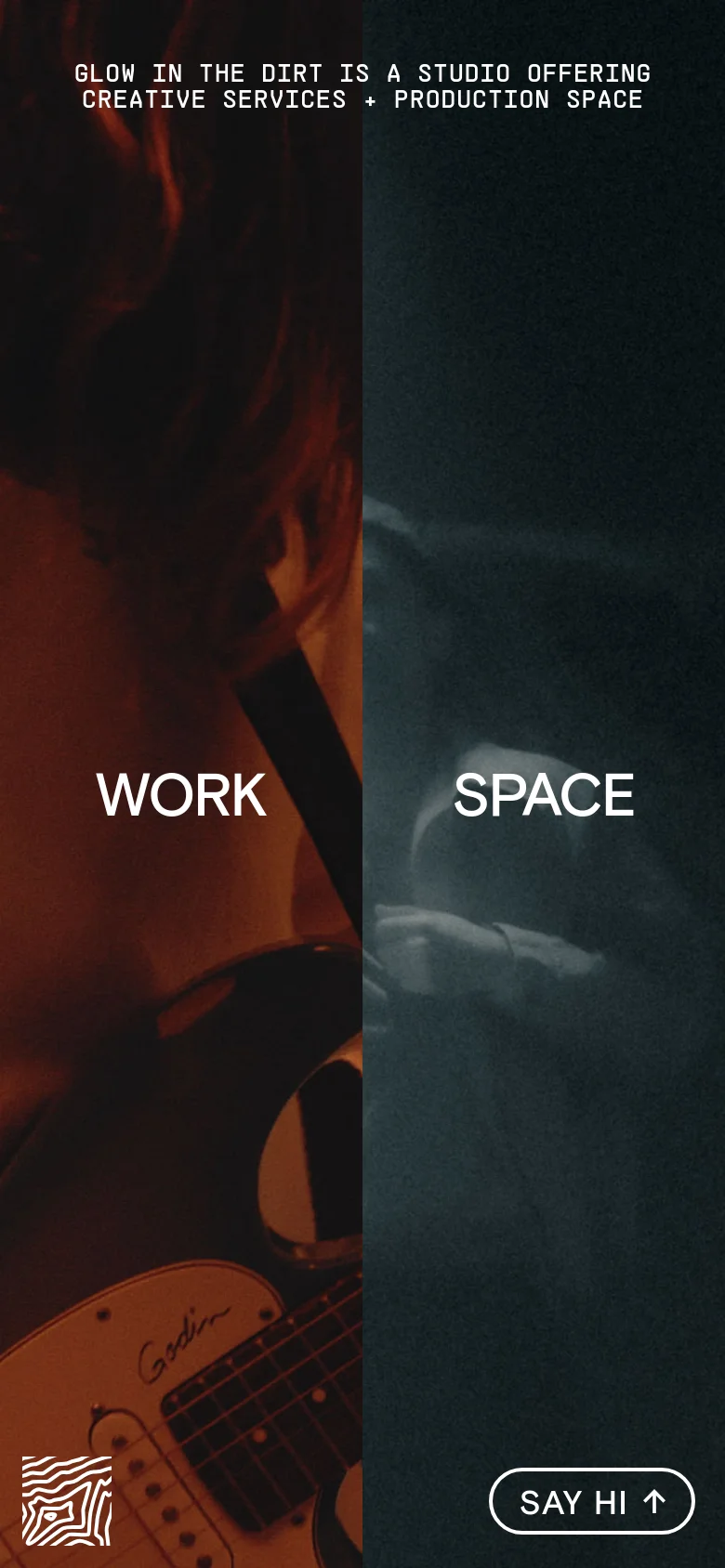 The mobile version stacks the split-screen imagery vertically, with the warm-toned guitar image on top and the cool-toned spotlight image below. The 'WORK' and 'SPACE' navigation links are centered over their respective images, and a 'SAY HI' button is positioned at the bottom right.