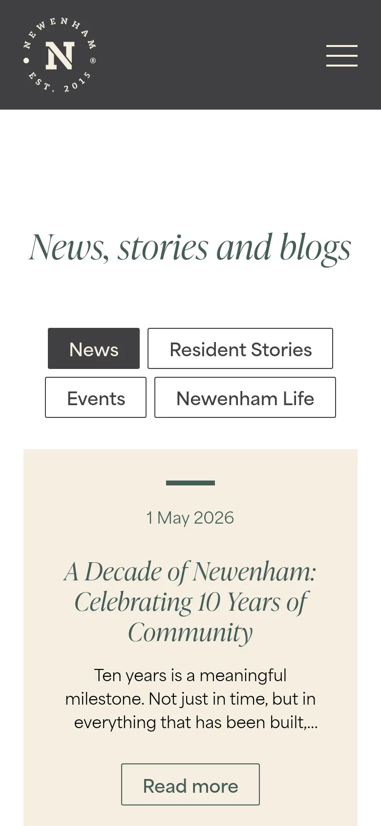 The mobile version simplifies the layout, displaying the Newenham logo and a hamburger menu icon in a dark gray header. The 'News, stories and blogs' headline and filter buttons are stacked vertically, followed by a single-column blog post card that includes the date, title, text excerpt, and a 'Read more' button on a light beige background.