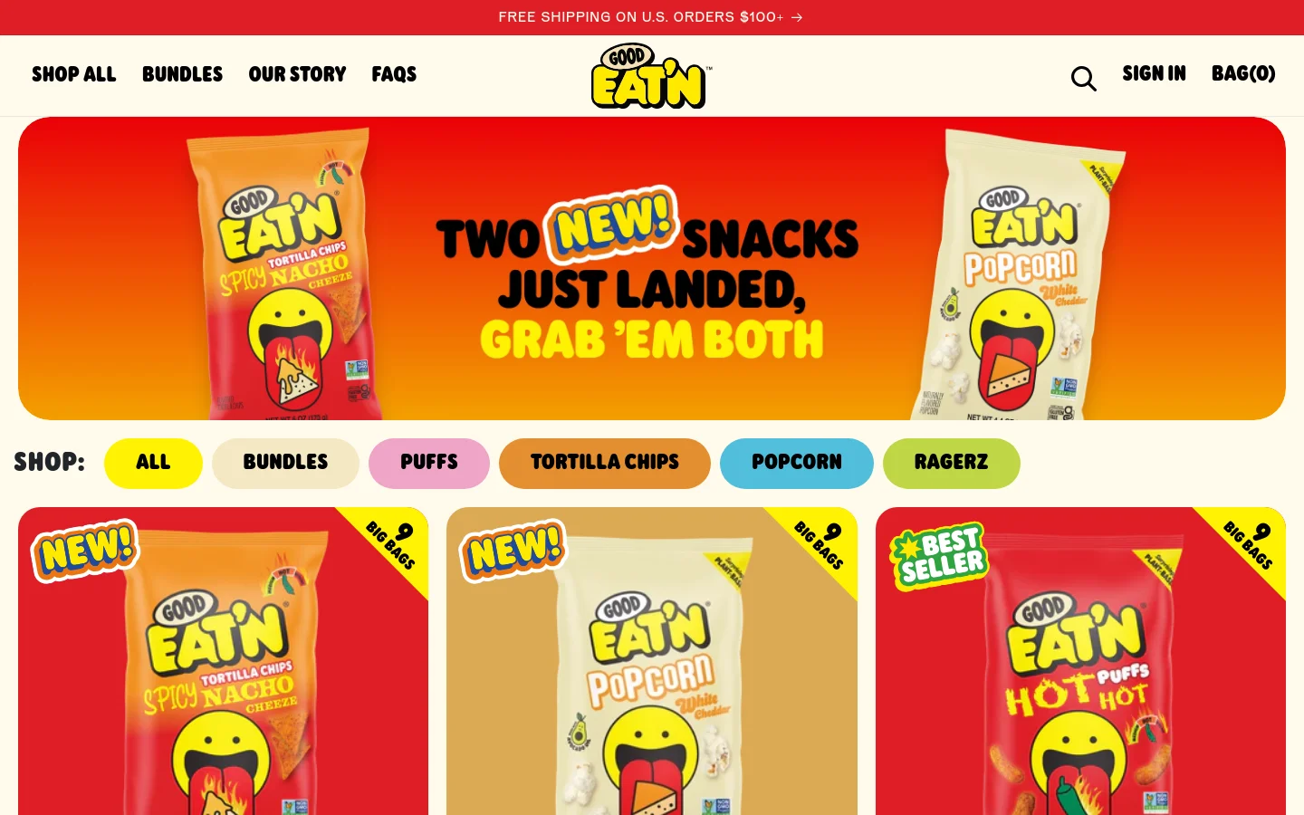 The desktop view shows a vibrant red and orange hero banner featuring two new snack bags with the text 'TWO NEW! SNACKS JUST LANDED, GRAB 'EM BOTH'. Below the banner, a horizontal row of rounded category buttons includes All, Bundles, Puffs, Tortilla Chips, Popcorn, and Ragerz, followed by a grid of product cards.