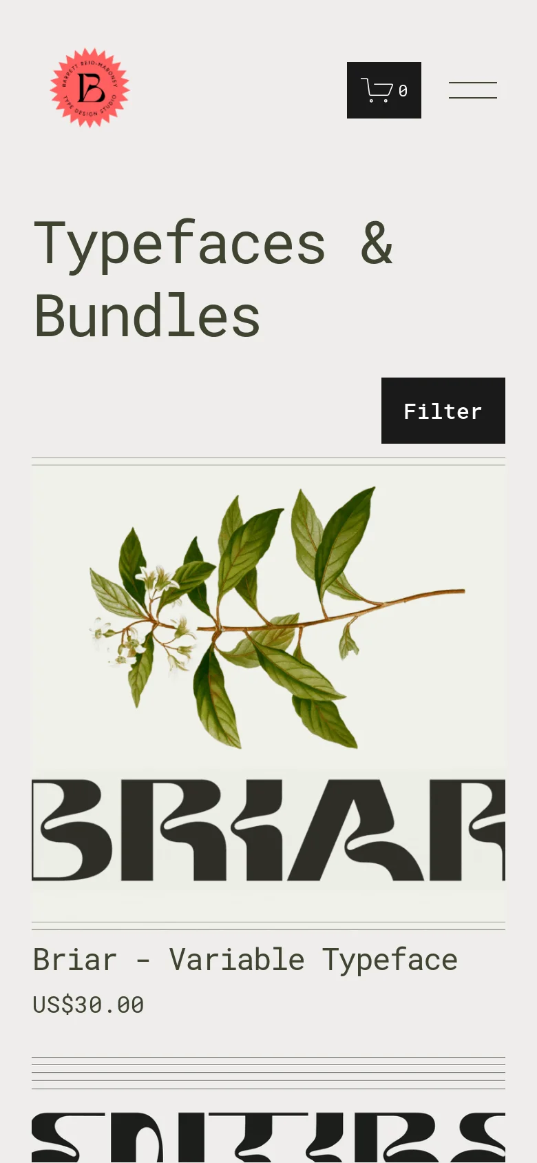 The mobile version simplifies the layout, replacing the top navigation bar with a hamburger menu icon and a shopping cart. The 'Typefaces & Bundles' heading is prominent, followed by a 'Filter' button. The product grid shifts to a single-column view, showcasing large typeface preview images and titles like 'Briar - Variable Typeface'.