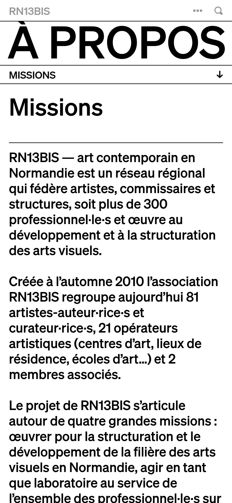 The mobile version presents a simplified vertical layout with the 'À PROPOS' heading at the top, followed by a condensed menu. The 'Missions' section is displayed below a thin horizontal divider, with the text content flowing in a single column. The design maintains the high-contrast black and white aesthetic but optimizes for vertical scrolling on a smaller screen.