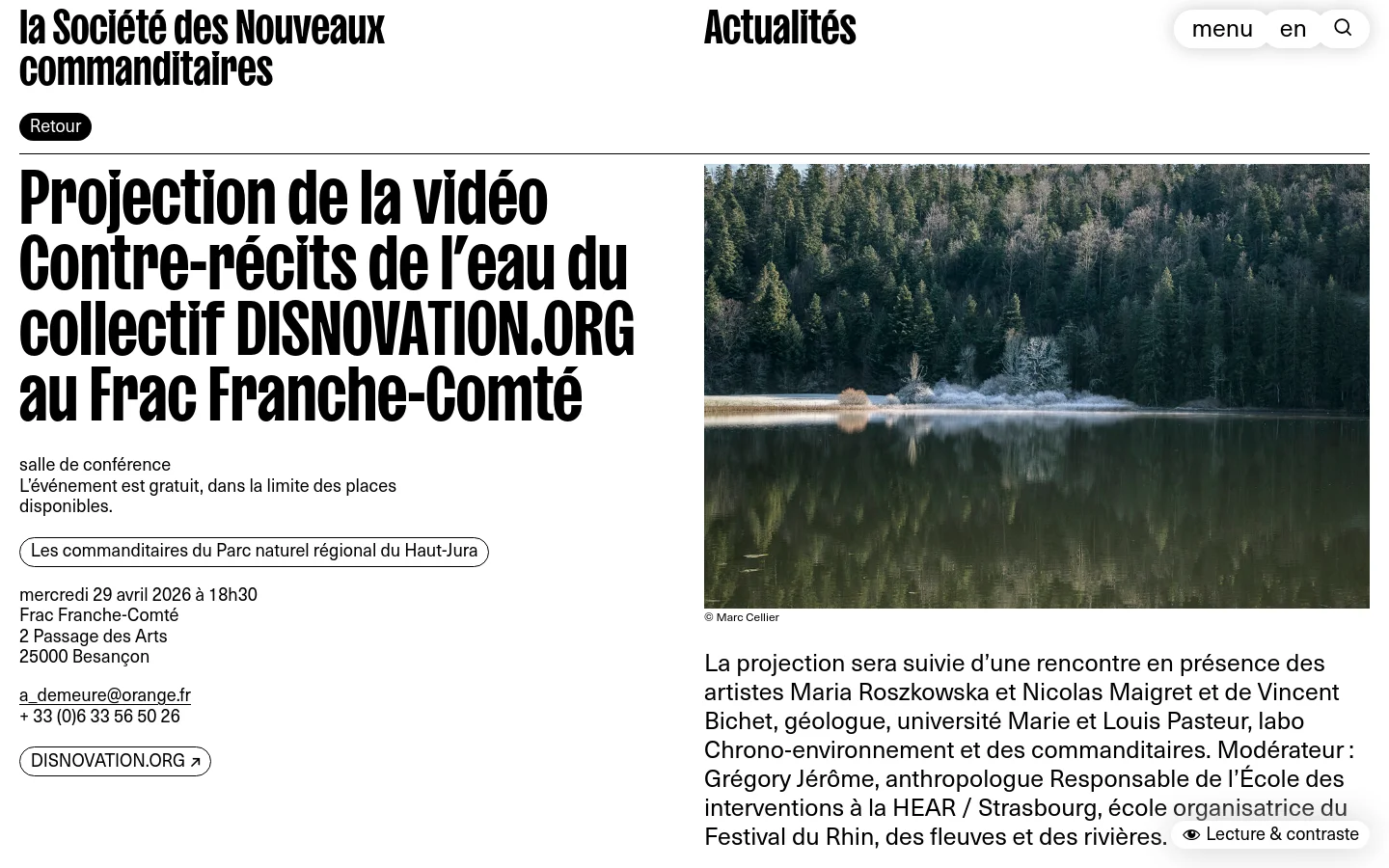 The desktop page features a clean white background with a large, bold black headline on the left and a landscape photograph of a calm lake surrounded by a dense evergreen forest on the right. Below the text, event details such as date, location, and contact information are listed, along with a button linking to DISNOVATION.ORG.
