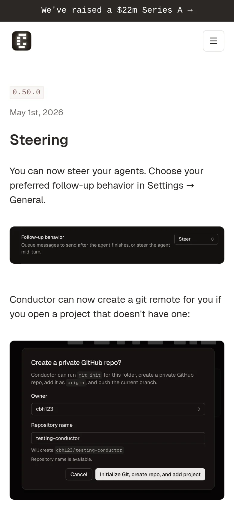 The mobile version of the Changelog page simplifies the layout, replacing the top navigation bar with a hamburger menu icon. The content remains vertically stacked, starting with the version number and 'Steering' headline, followed by descriptive text and large UI screenshots that span the width of the screen.