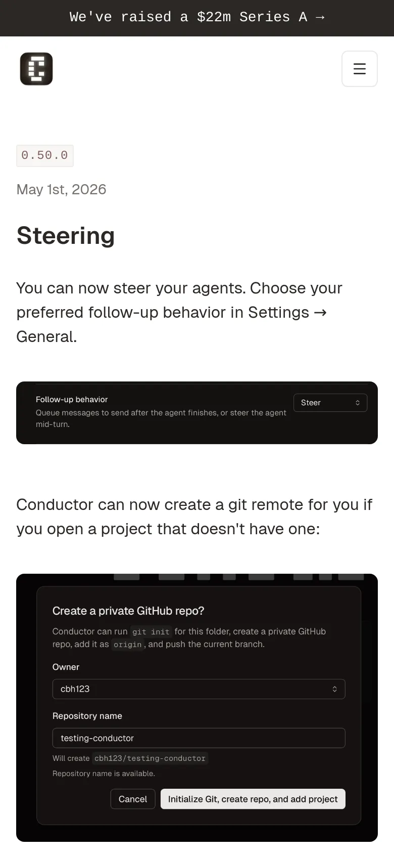 The mobile version of the Changelog page simplifies the layout, replacing the top navigation bar with a hamburger menu icon. The content remains vertically stacked, starting with the version number and 'Steering' headline, followed by descriptive text and large UI screenshots that span the width of the screen.