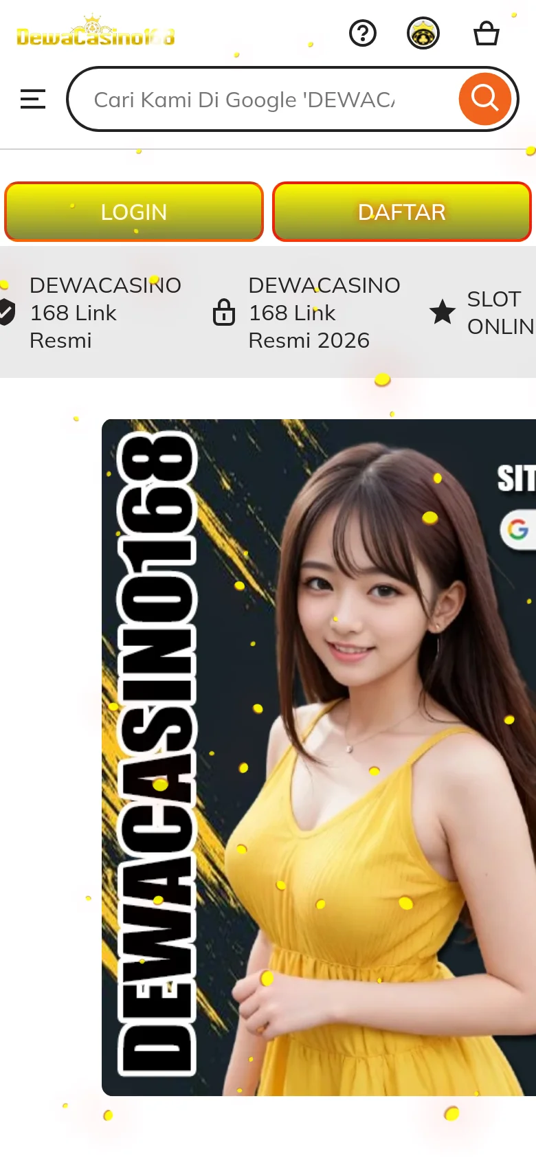 The mobile version presents a simplified layout with a hamburger menu and a prominent search bar at the top. The large yellow 'LOGIN' and 'DAFTAR' buttons are stacked vertically above a large hero image of a woman in a yellow dress. A bottom navigation bar provides quick access to Promo, Login, Daftar, Whatsapp, and Live Chat.