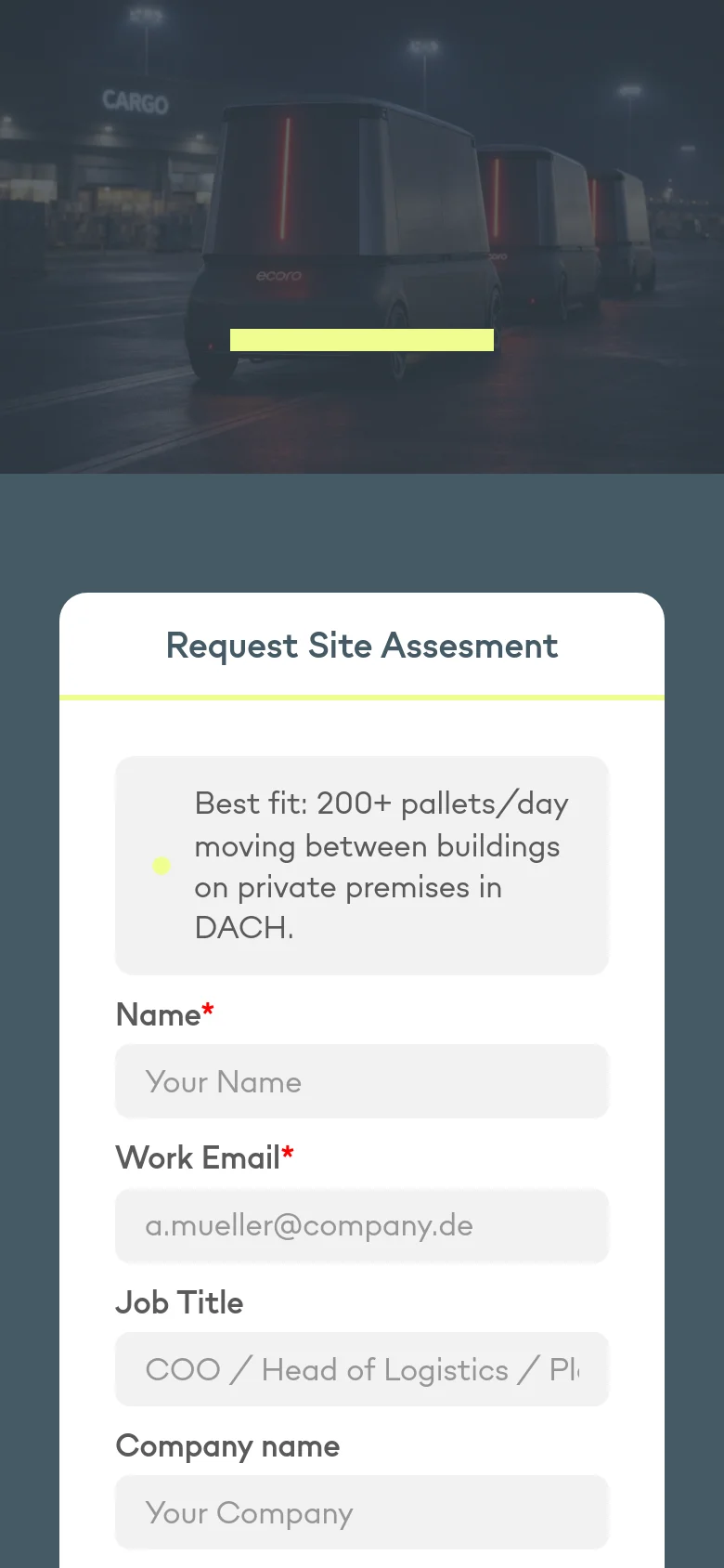The mobile version stacks the content vertically, starting with the dark hero image and 'Contact' headline. The 'Request Site Assesment' form follows below, occupying the full width of the screen for easier input. The navigation menu is condensed, and the text is centered to fit the narrower viewport.