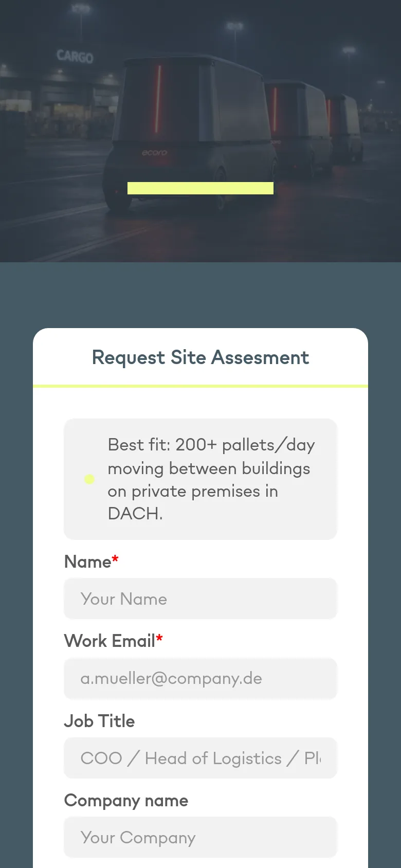 The mobile version stacks the content vertically, starting with the dark hero image and 'Contact' headline. The 'Request Site Assesment' form follows below, occupying the full width of the screen for easier input. The navigation menu is condensed, and the text is centered to fit the narrower viewport.