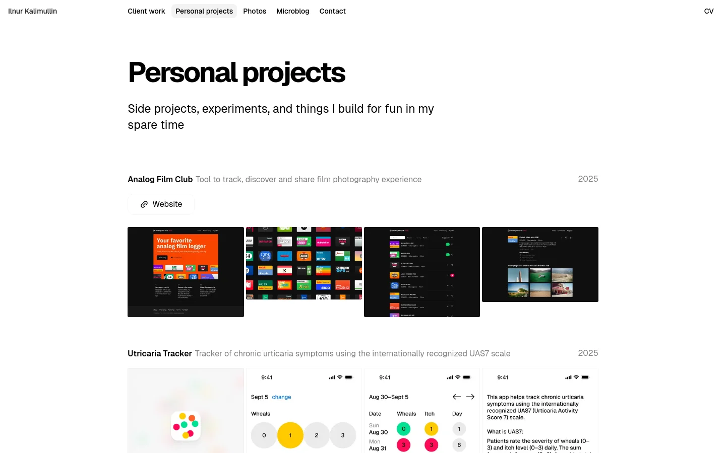 The desktop page features a minimalist white layout with a large 'Personal projects' headline and a subheadline. Below, project entries like 'Analog Film Club' include a title, description, year, a 'Website' button, and a horizontal row of four project screenshots. The navigation menu is at the top, containing links for Client work, Personal projects, Photos, Microblog, and Contact.