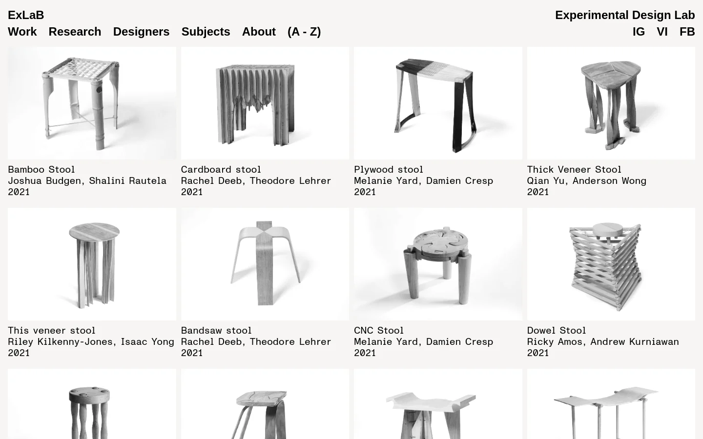 The Research page features a clean, minimalist layout with a white background and black text. A grid of project entries displays high-quality studio photographs of various stools, each accompanied by a title, designer names, and the year. The top navigation bar includes links for Work, Research, Designers, Subjects, About, and (A-Z), alongside social media icons.
