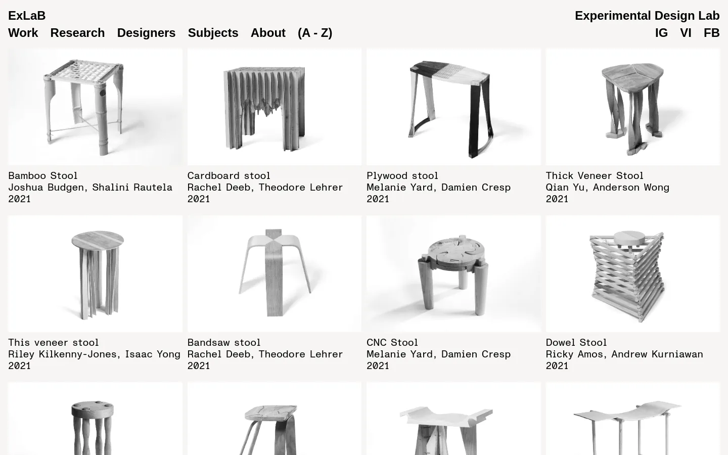 The Research page features a clean, minimalist layout with a white background and black text. A grid of project entries displays high-quality studio photographs of various stools, each accompanied by a title, designer names, and the year. The top navigation bar includes links for Work, Research, Designers, Subjects, About, and (A-Z), alongside social media icons.