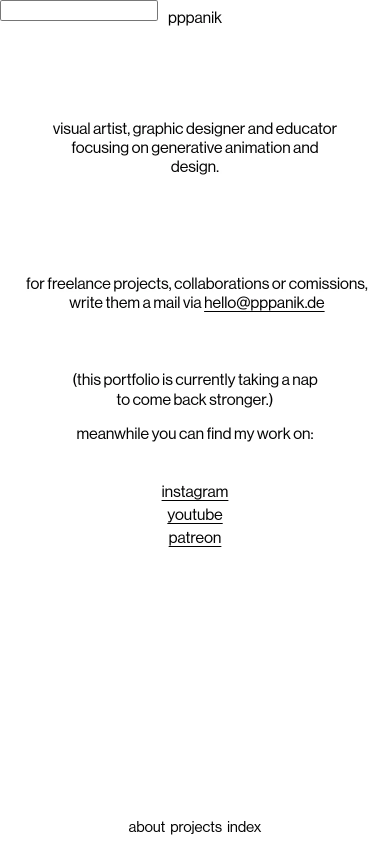 The mobile version maintains the minimalist white and black aesthetic but adopts a vertical, single-column layout. The navigation links are positioned at the bottom of the screen, while the central text content remains centered, providing a streamlined reading experience for smaller screens.