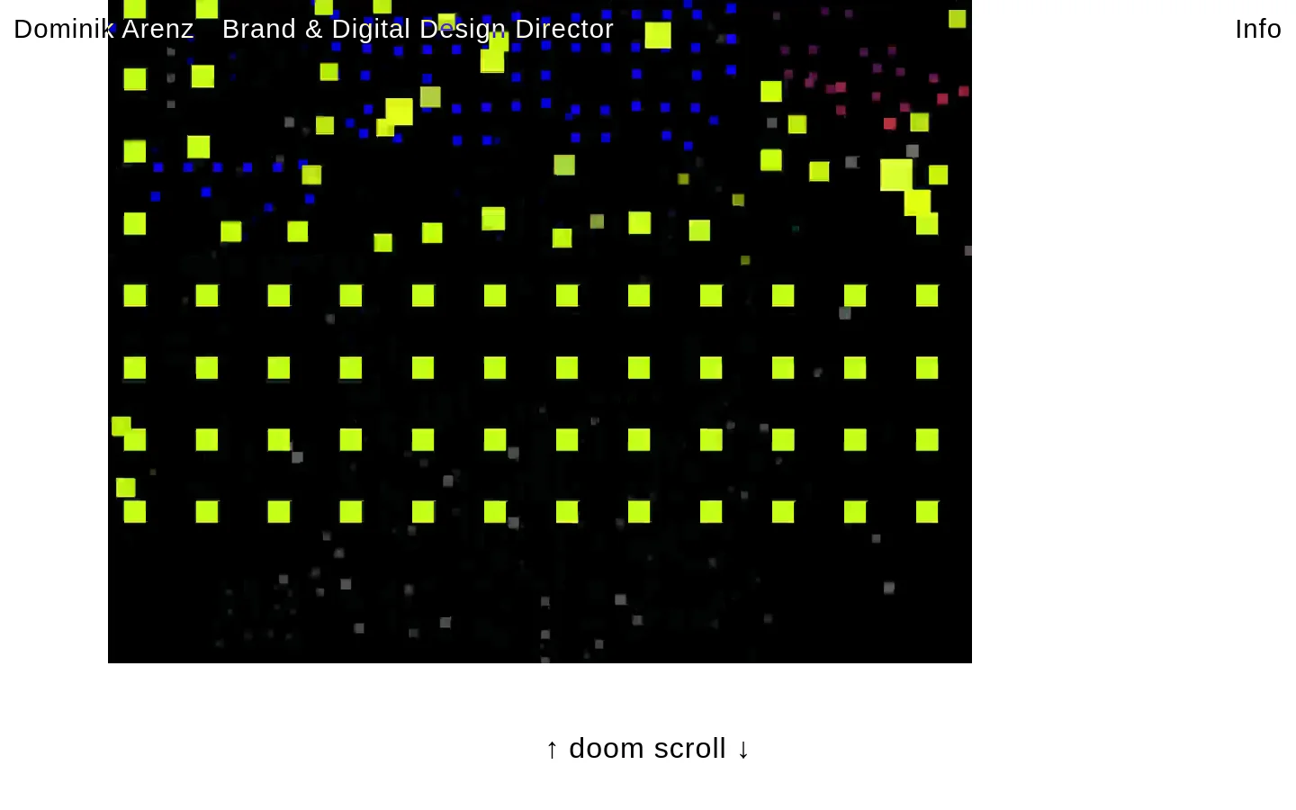 The desktop homepage features a dark, minimalist design with a grid of glowing yellow and blue squares against a black background. The name 'Dominik Arenz' and the title 'Brand & Digital Design Director' are displayed in white text at the top left, with an 'Info' link at the top right. A scrolling instruction '↑ doom scroll ↓' is centered at the bottom.