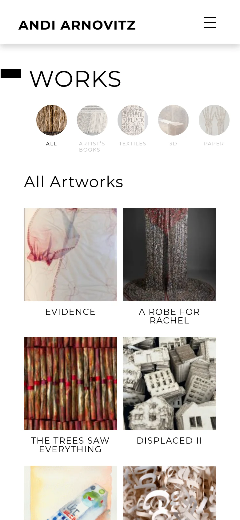 The mobile version maintains the white minimalist aesthetic but uses a condensed layout. The navigation menu is replaced by a hamburger icon, and the category circles are smaller and arranged in a single row. The 'All Artworks' gallery displays two columns of images instead of the wider desktop grid.