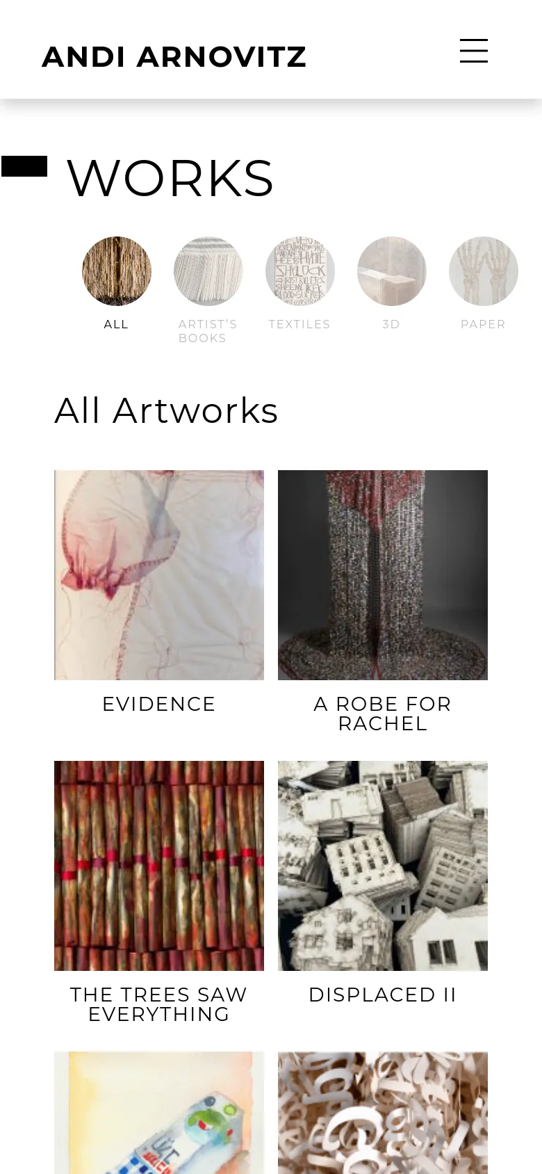 The mobile version maintains the white minimalist aesthetic but uses a condensed layout. The navigation menu is replaced by a hamburger icon, and the category circles are smaller and arranged in a single row. The 'All Artworks' gallery displays two columns of images instead of the wider desktop grid.