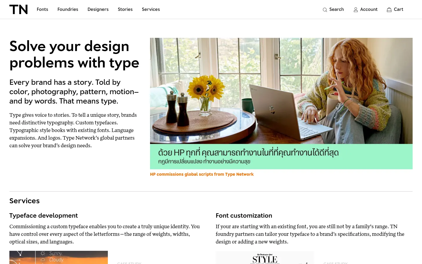 The desktop page features a clean, white background with a large headline 'Solve your design problems with type' on the left and a hero image of a woman working on a laptop by a window on the right. Below the hero section, services like 'Typeface development' and 'Font customization' are listed in a multi-column grid layout with accompanying case study images. The navigation bar at the top includes links for Fonts, Foundries, Designers, Stories, and Services.