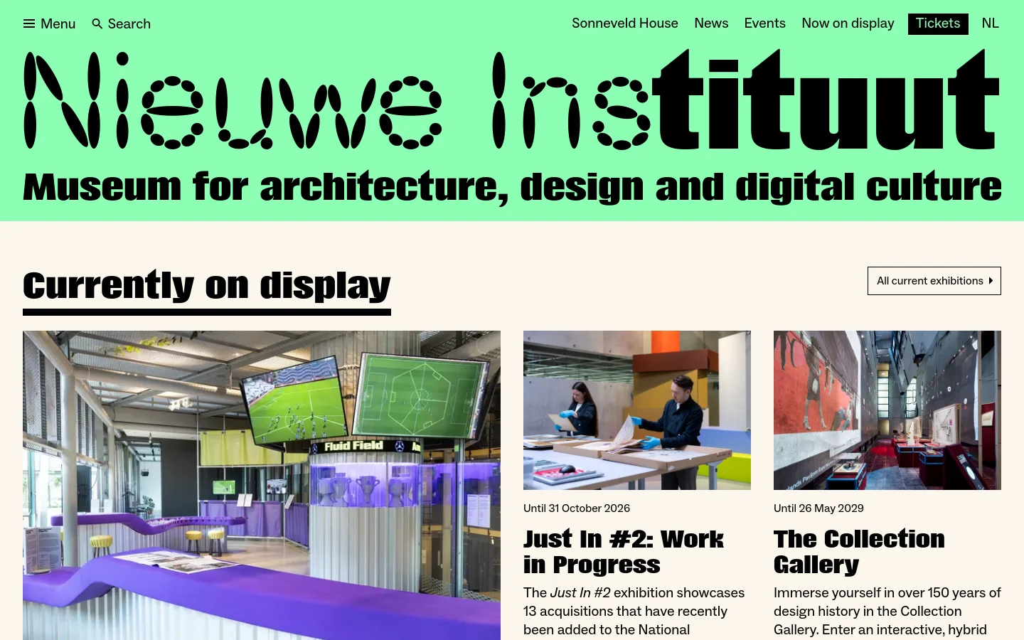 The desktop homepage features a large lime green hero section with the bold black 'Nieuwe Instituut' logo and a subheadline. Below, a 'Currently on display' section uses a white background to showcase three exhibition cards arranged horizontally, each containing a large photograph, dates, a title, and a brief description.