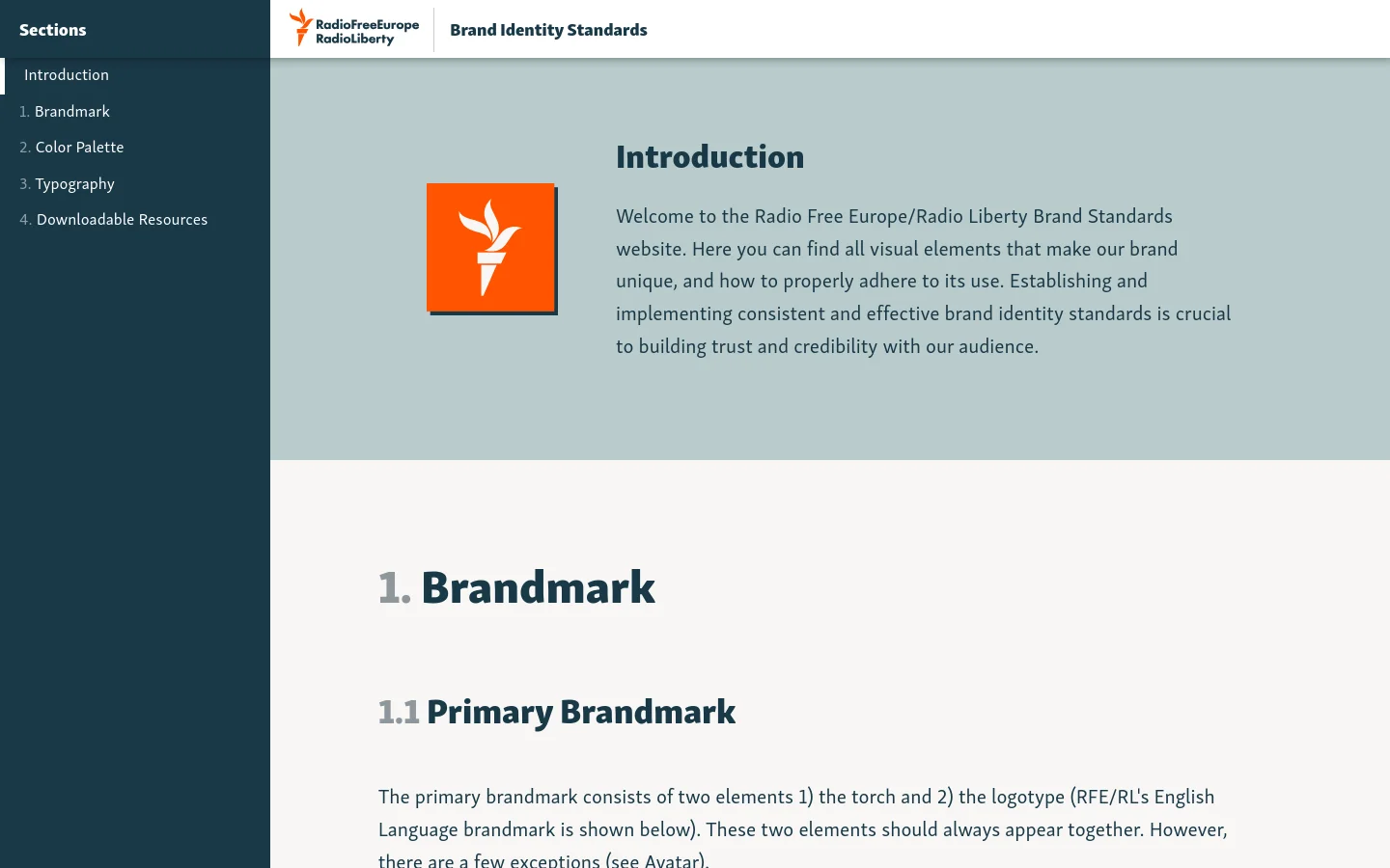 The desktop homepage features a two-column layout with a dark navy sidebar on the left containing navigation links like Introduction and Brandmark. The main content area has a light teal hero section with an orange square icon containing a white torch, followed by a white section with large dark blue headings for Brandmark and Primary Brandmark.