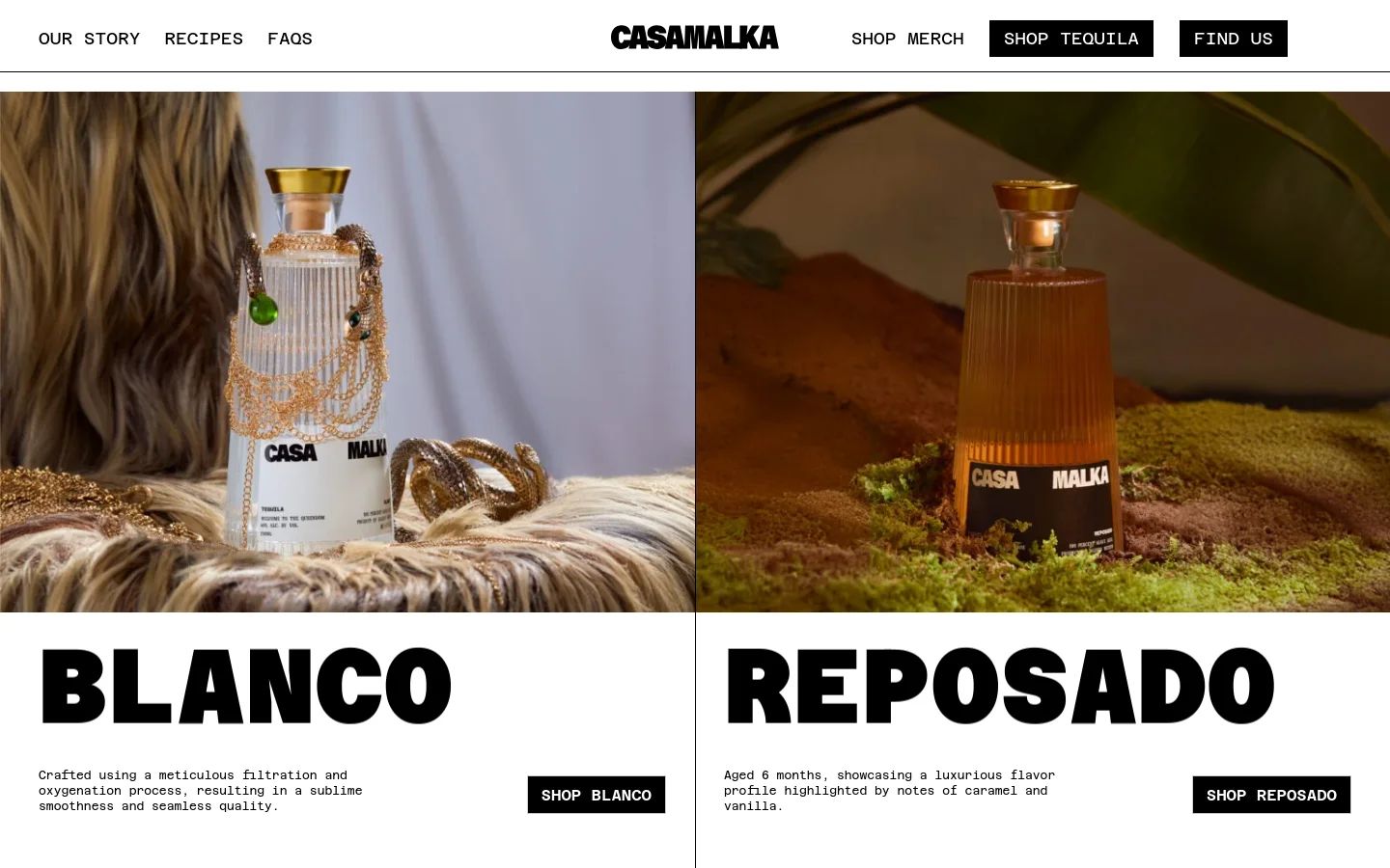 The desktop page features a clean, minimalist layout with a white background and bold black typography. A large hero section is split vertically, showing a Blanco tequila bottle draped in gold jewelry on the left and a Reposado bottle set against moss on the right. Below the images, large headings for 'BLANCO' and 'REPOSADO' are paired with brief descriptions and black 'Shop' call-to-action buttons.