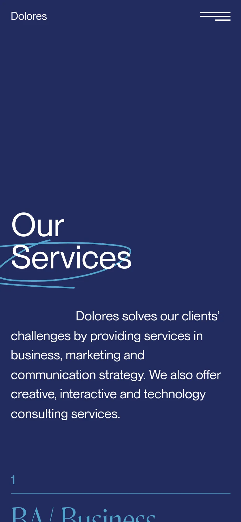 The mobile version maintains the dark navy blue background and white text but uses a vertically stacked layout to accommodate the smaller screen. The 'Our Services' headline is prominent at the top, followed by the descriptive text, and the navigation menu is condensed into a hamburger icon in the top right corner.