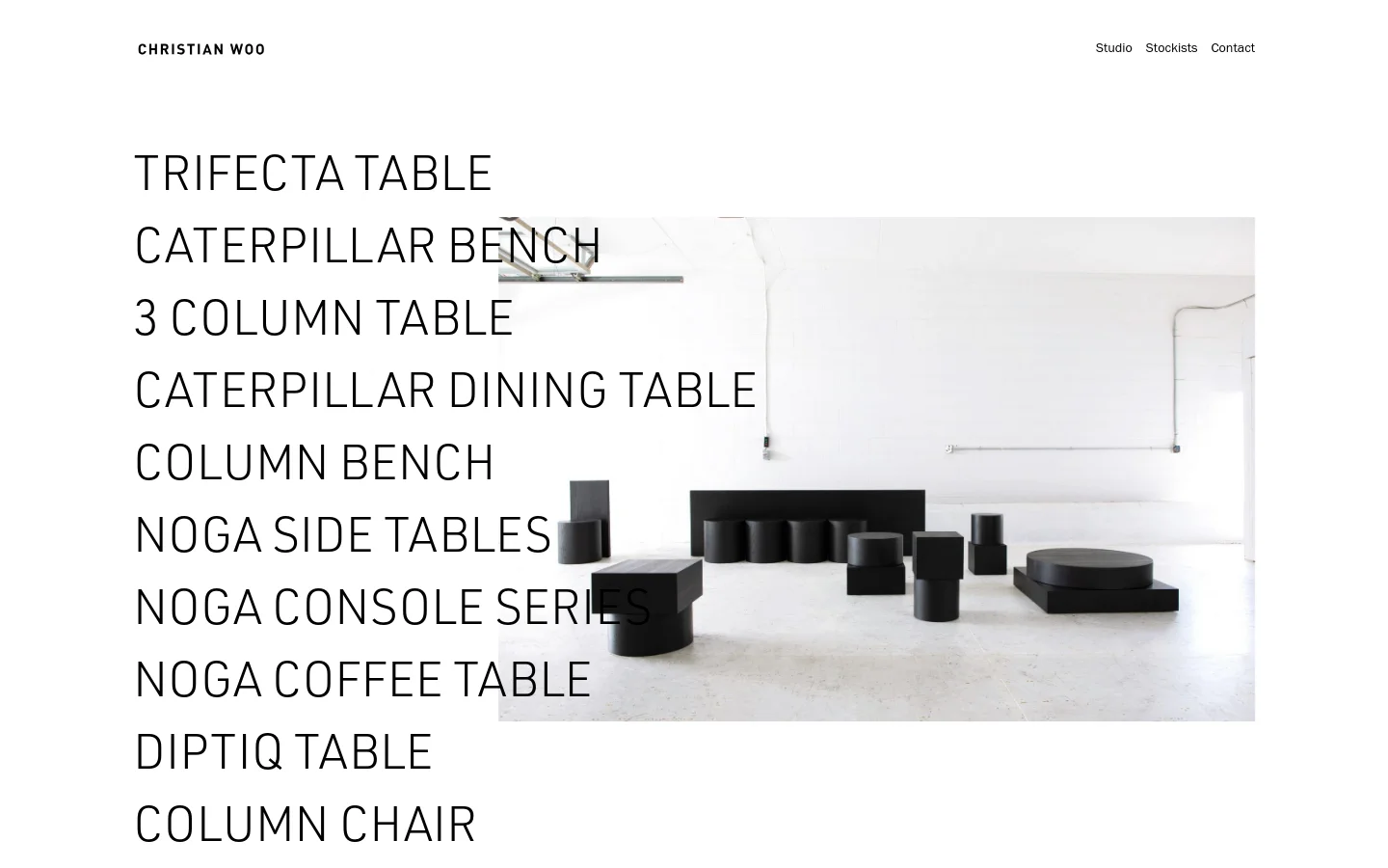 The desktop homepage features a minimalist white background with the brand name 'CHRISTIAN WOO' in the top left and navigation links on the top right. A large hero image shows various black sculptural furniture pieces in a bright, white studio, overlaid with a vertical list of furniture product names in large, black sans-serif typography.