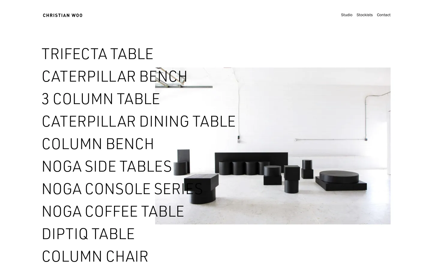 The desktop homepage features a minimalist white background with the brand name 'CHRISTIAN WOO' in the top left and navigation links on the top right. A large hero image shows various black sculptural furniture pieces in a bright, white studio, overlaid with a vertical list of furniture product names in large, black sans-serif typography.