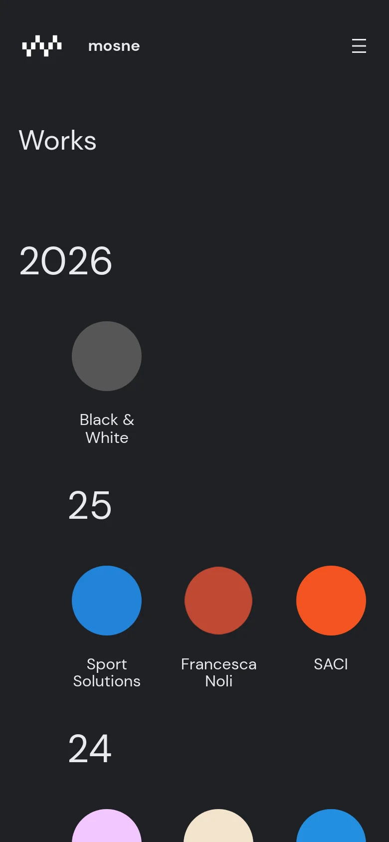 The mobile version maintains the dark theme and minimalist structure of the desktop site. The layout shifts to a single-column vertical scroll, with the large year headings and circular project thumbnails stacked vertically to fit the narrow screen.